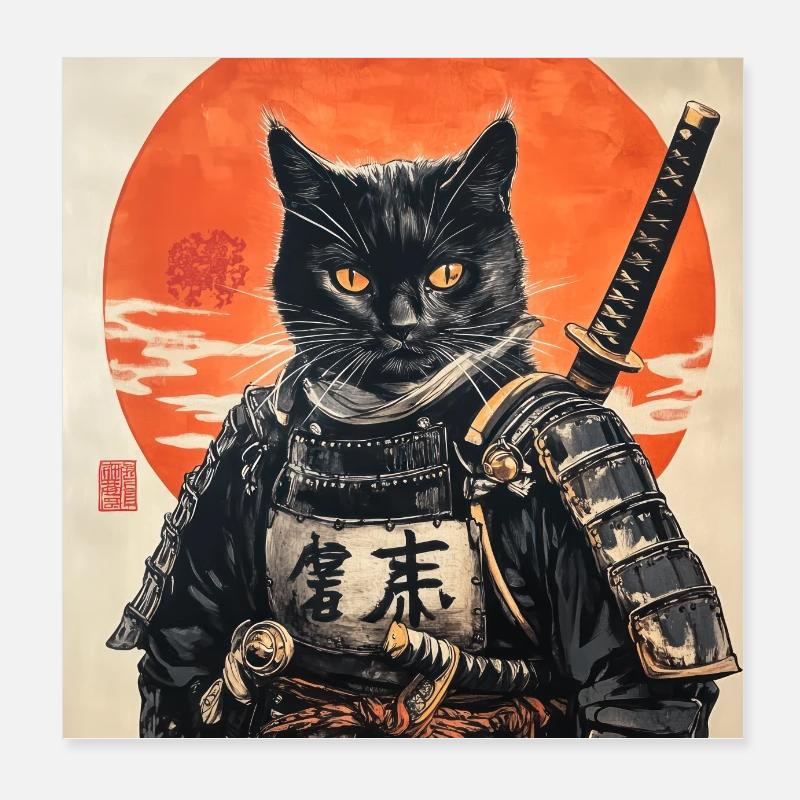 Cat Samurai Japan Ukiyo-E Poster 8" x 8" (20x20 cm)