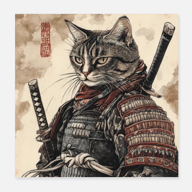 Cat Samurai Japan Ukiyo-E Poster 8" x 8" (20x20 cm)