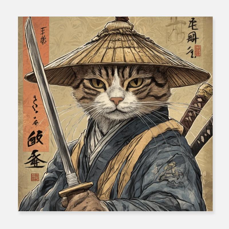 Katze Samurai Japan Ukiyo-E Poster 20x20 cm