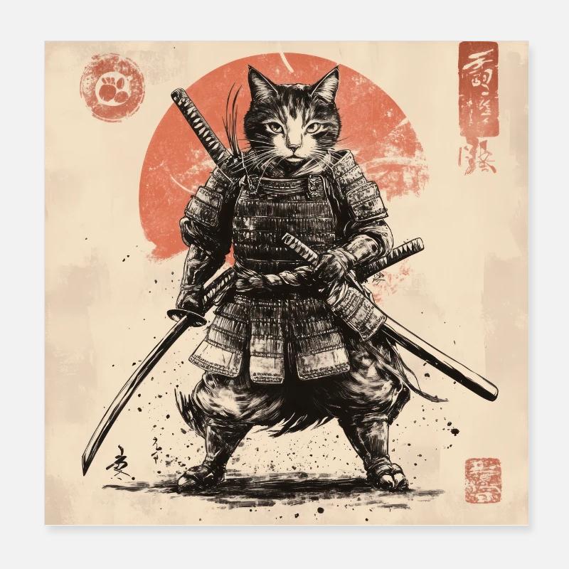 Chat Samouraï Japon Ukiyo-E Poster 20 x 20 cm