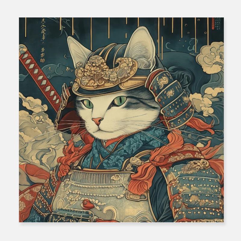 Cat Samurai Japan Ukiyo-E Poster 8" x 8" (20x20 cm)