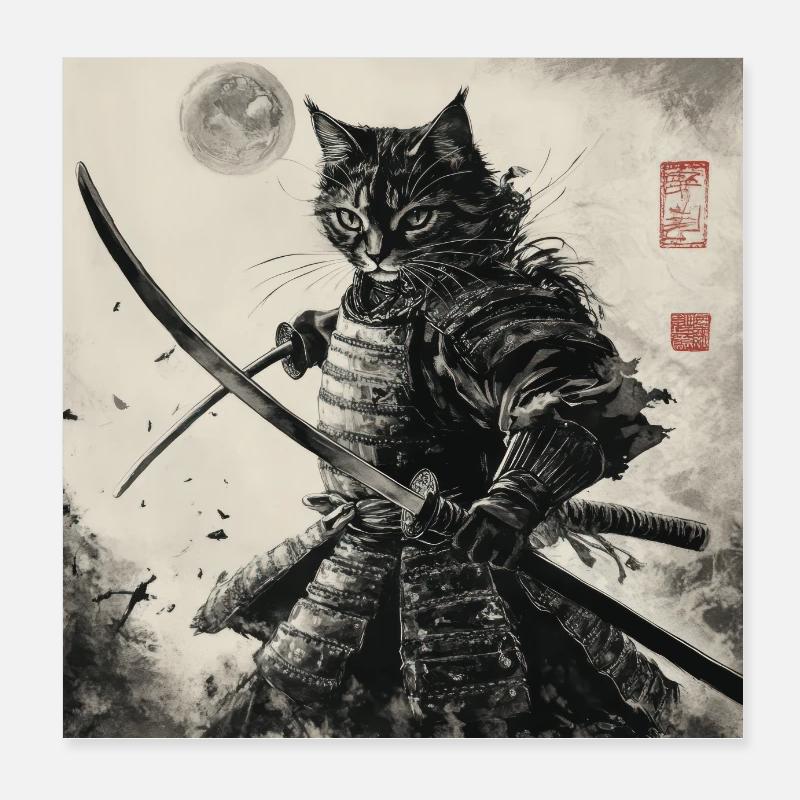 Chat Samouraï Japon Ukiyo-E Poster 20 x 20 cm