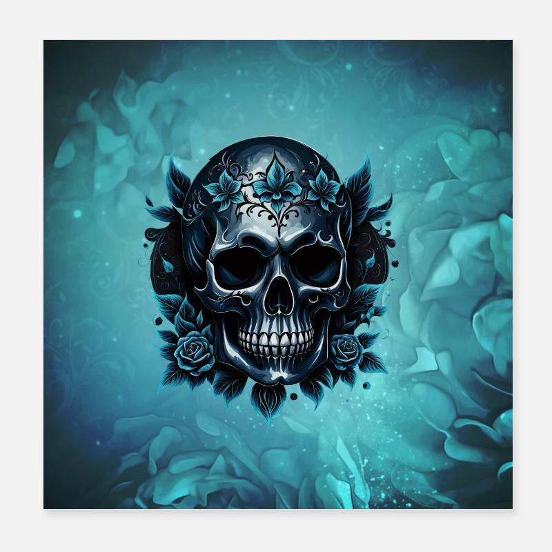 Dark blue skull with roses Poster 8" x 8" (20x20 cm)