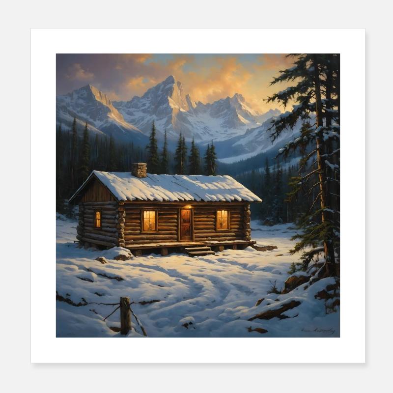 Cabane d’hiver dans la nature sauvage canadienne Poster 20 x 20 cm