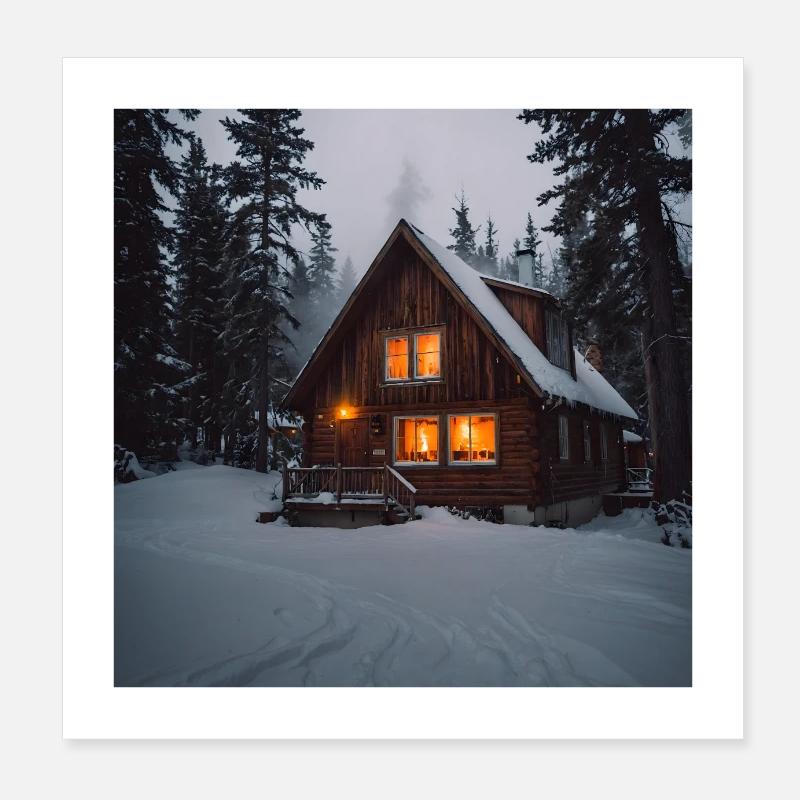 Snowy lodge with warm light Poster 8" x 8" (20x20 cm)