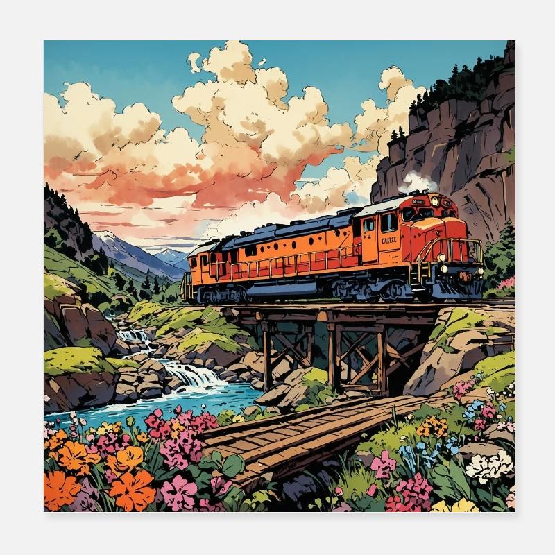 Train de chemin de fer nostalgique sur un pont en bois Poster 20 x 20 cm