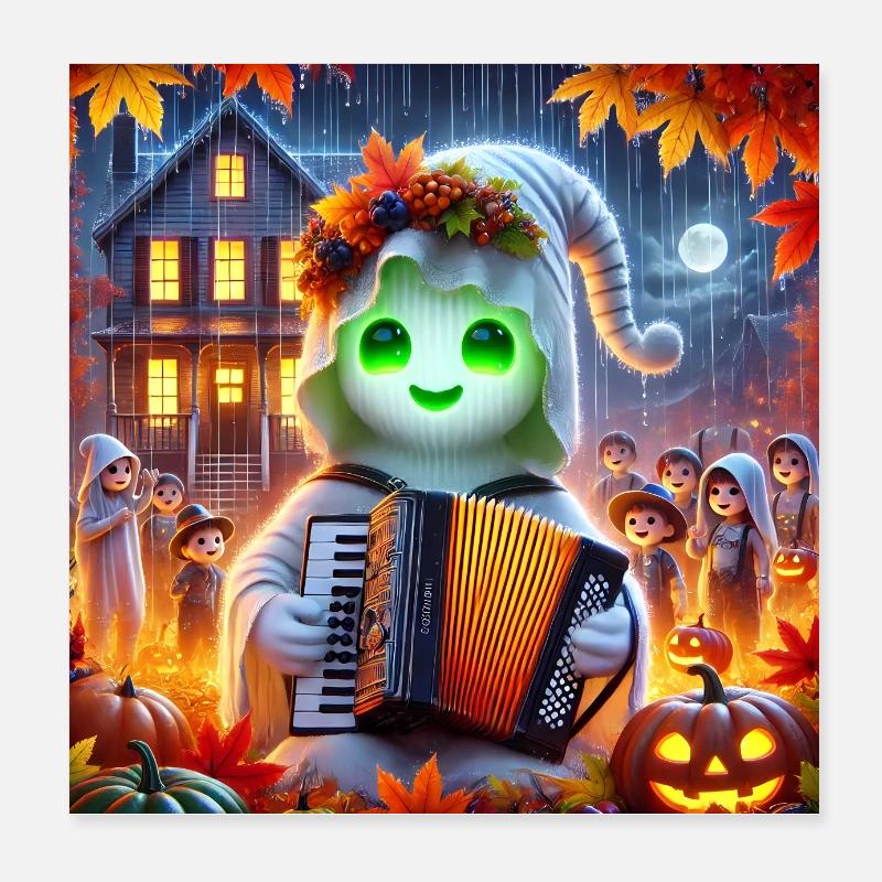 Adorable ghost plays accordion on Halloween Poster 8" x 8" (20x20 cm)