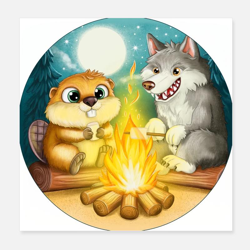 Castor et loup - Amis au feu de camp Poster 20 x 20 cm