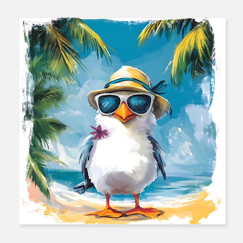 Funny bird goes under palm trees Poster 8" x 8" (20x20 cm)