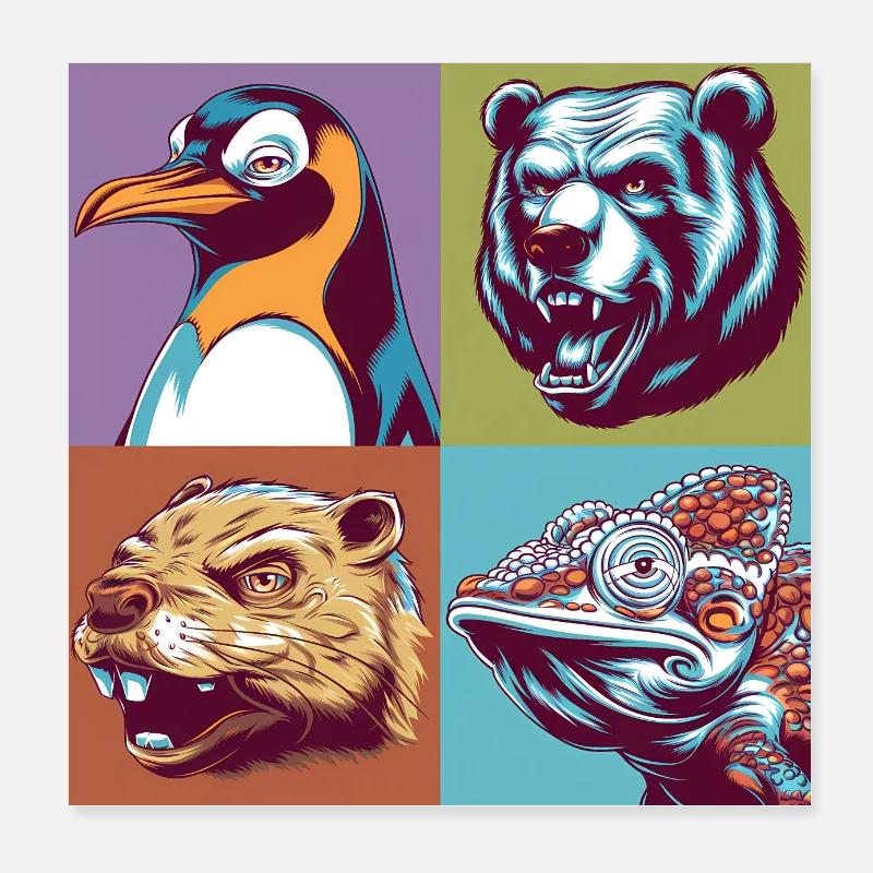 Pop Art Coloré Castor Pingouin Ours Caméléon Coloré Poster 20 x 20 cm