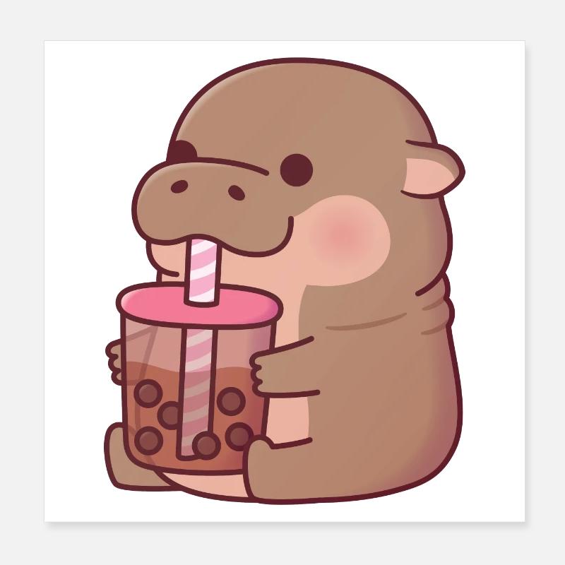 Mignon bébé hippopotame buvant du thé Boba Poster 20 x 20 cm