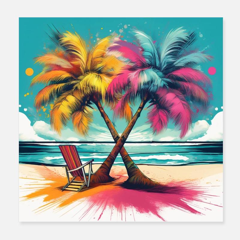 Vibrant Palm Trees on a Tropical Beach Poster 8" x 8" (20x20 cm)