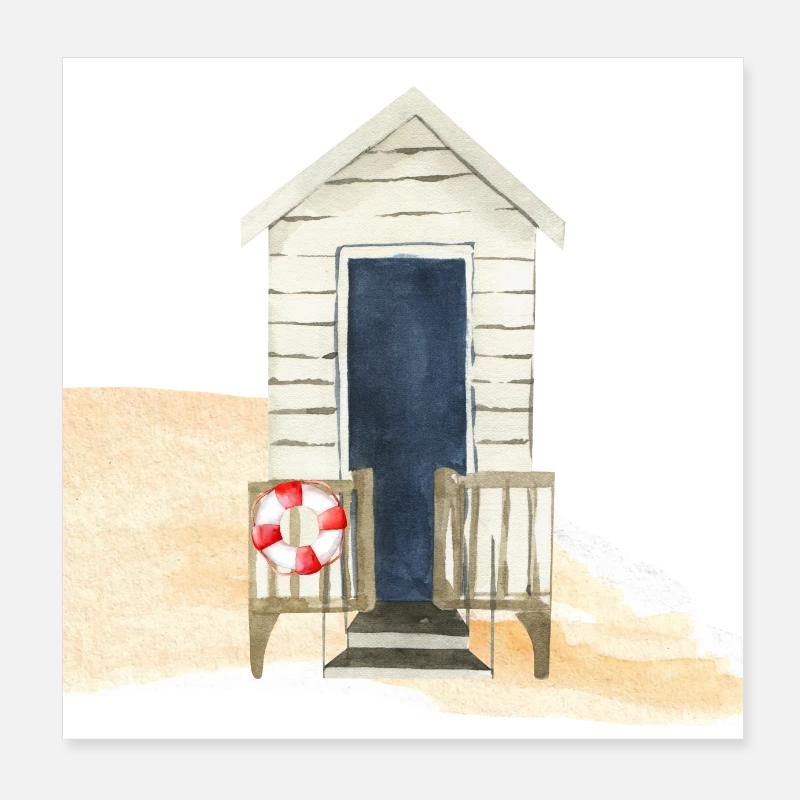Striped Nautical Beach Hut Design Poster 8" x 8" (20x20 cm)