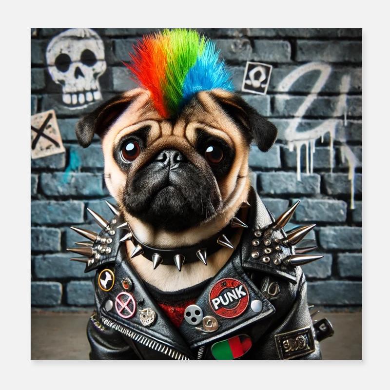 Punk Mops mit Regenbogenmähne Poster 20x20 cm
