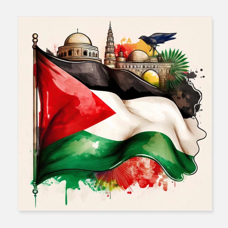 Palestinian Pride Flag with Iconic Landmarks Poster 8" x 8" (20x20 cm)