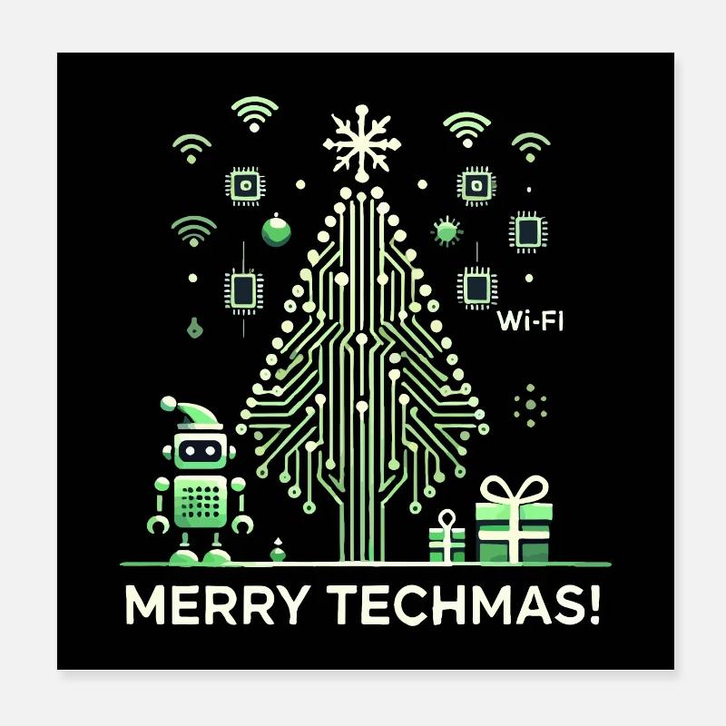 Merry Techmas - Robot and Circuit Christmas Tree Poster 8" x 8" (20x20 cm)