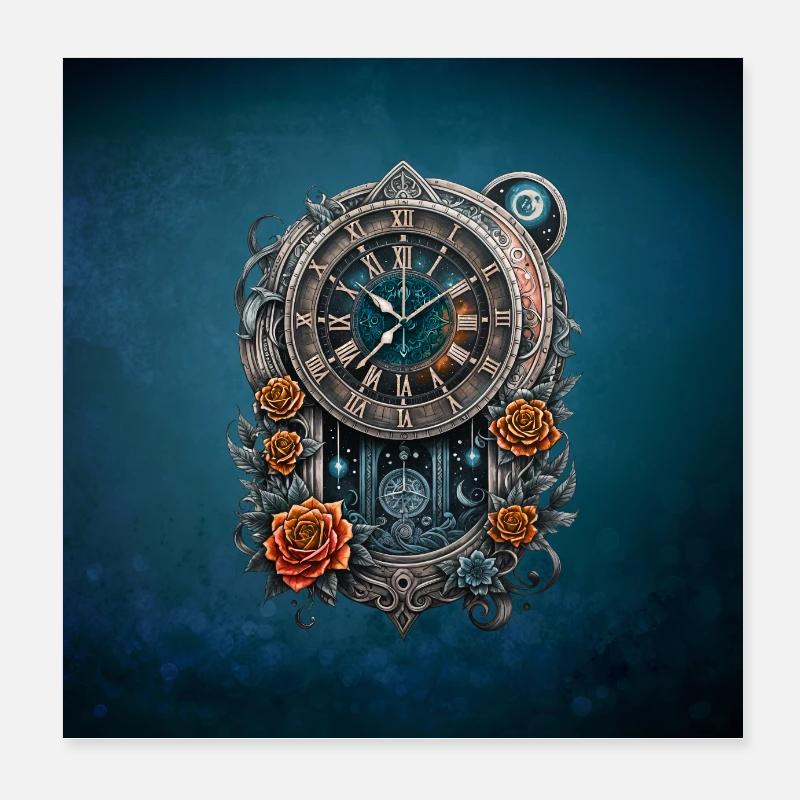 Montre steampunk ornée de roses. Poster 20 x 20 cm