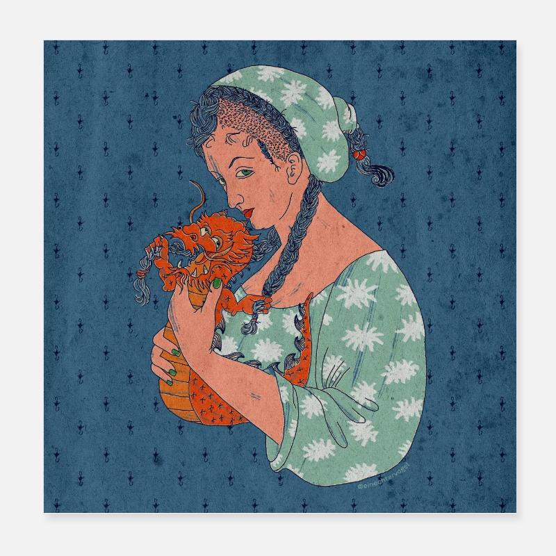 Glücksdrache in den Händen einer Frau Poster 20x20 cm