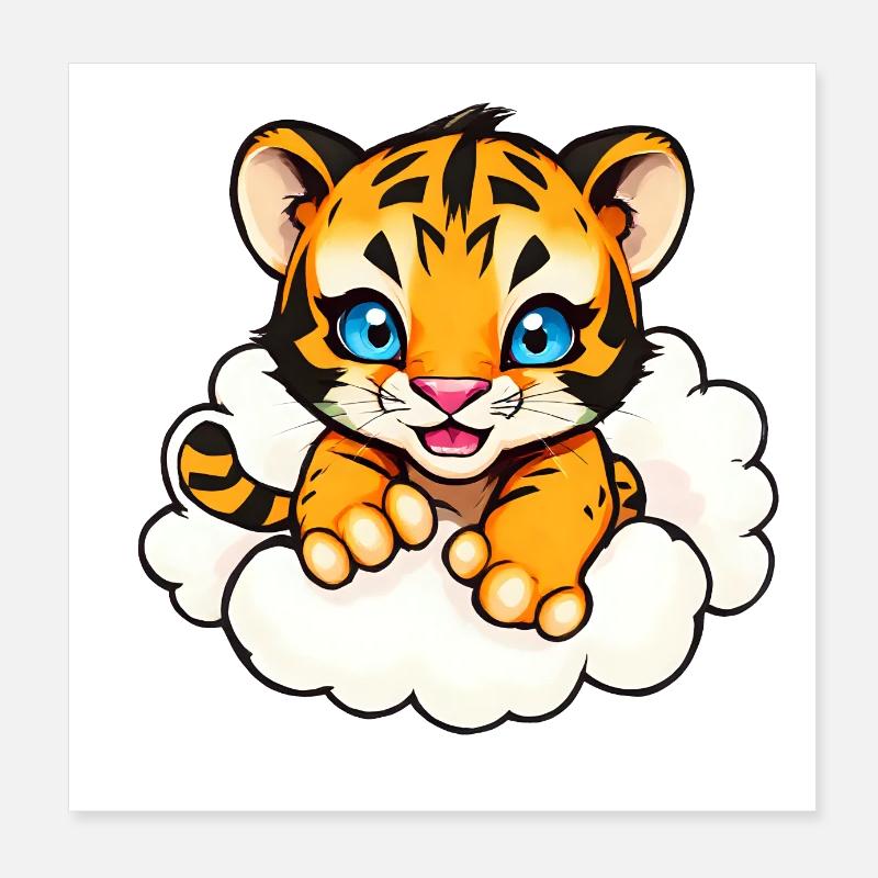 Whimsical Tiger Cub on Clouds, Blue Eye Cartoon Poster 8" x 8" (20x20 cm)