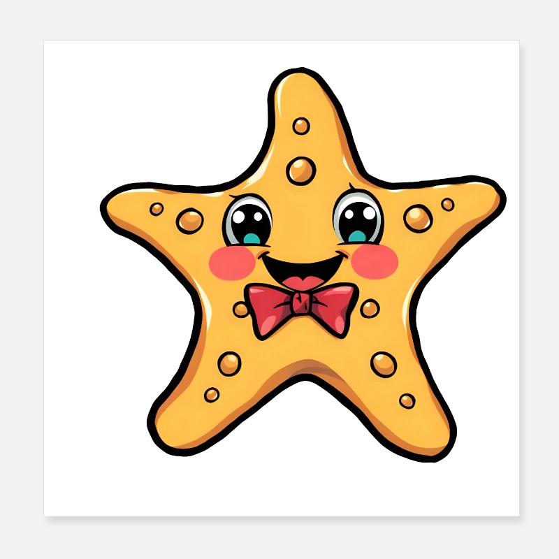 Smiling Cartoon Starfish with Red Bow Poster 8" x 8" (20x20 cm)