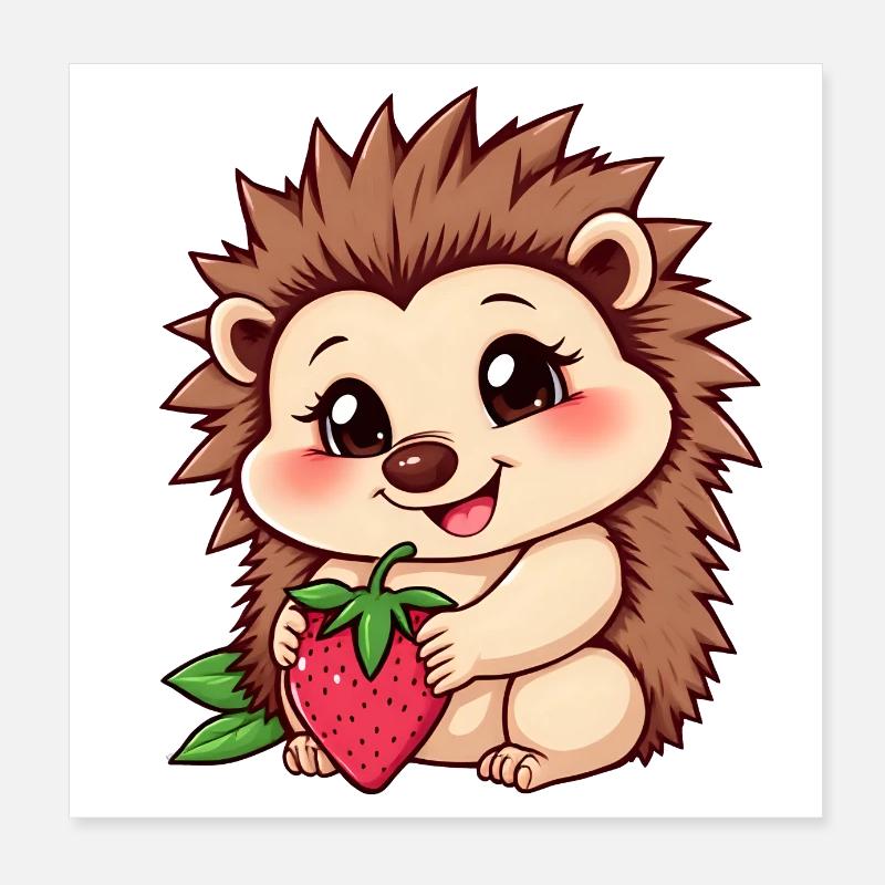 cute hedgehog holds a ripe strawberry Poster 8" x 8" (20x20 cm)