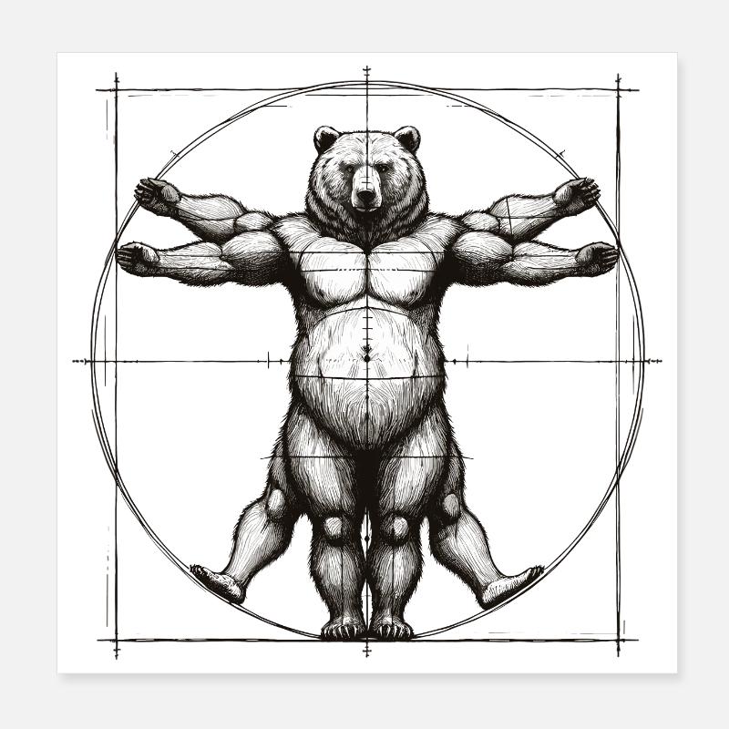 Vitruvian Bear Sketch Drawing Gift Poster 8" x 8" (20x20 cm)