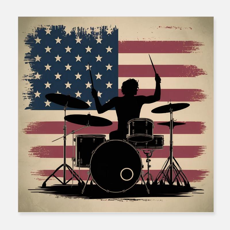 Drummer on distressed American flag Poster 8" x 8" (20x20 cm)