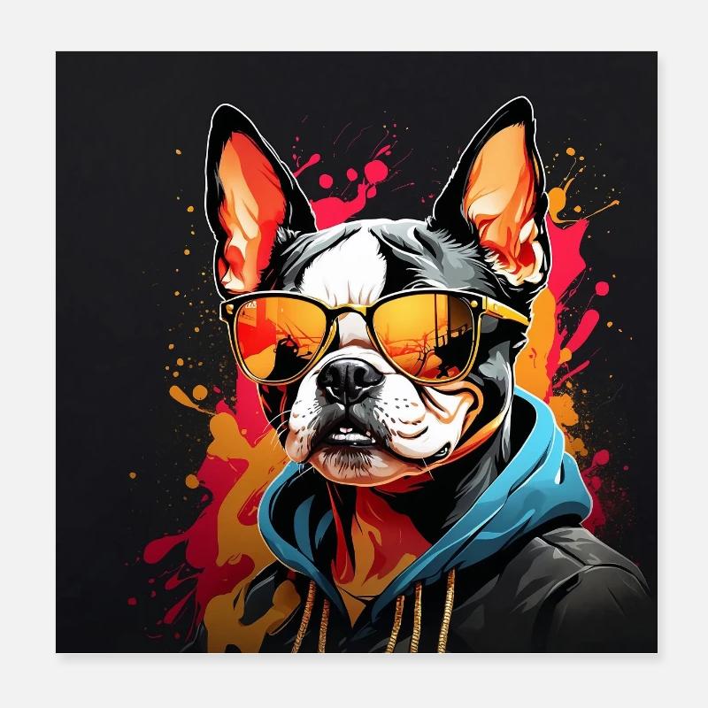 Boston Terrier Bostie with Sunglasses Poster 8" x 8" (20x20 cm)