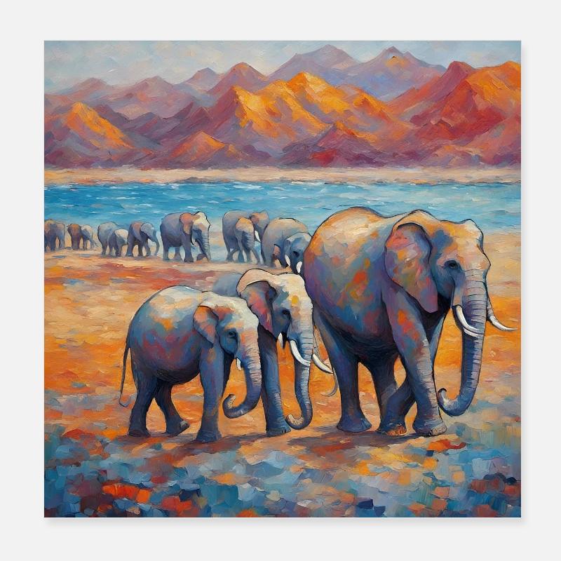 Éléphants colorés au bord de la rivière Poster 20 x 20 cm