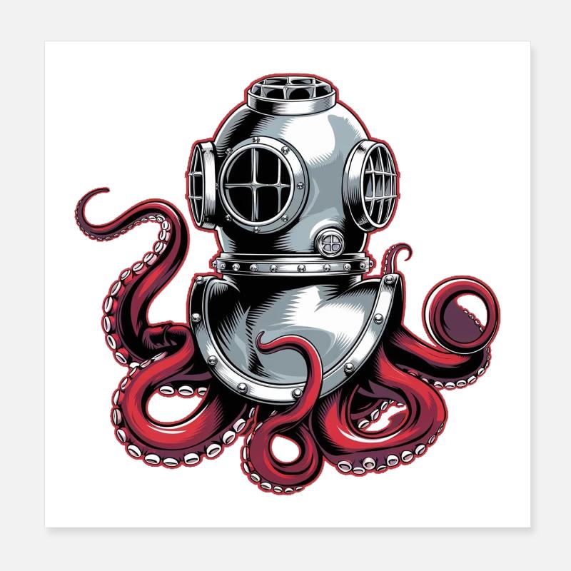 Squid with diving helmet Poster 8" x 8" (20x20 cm)