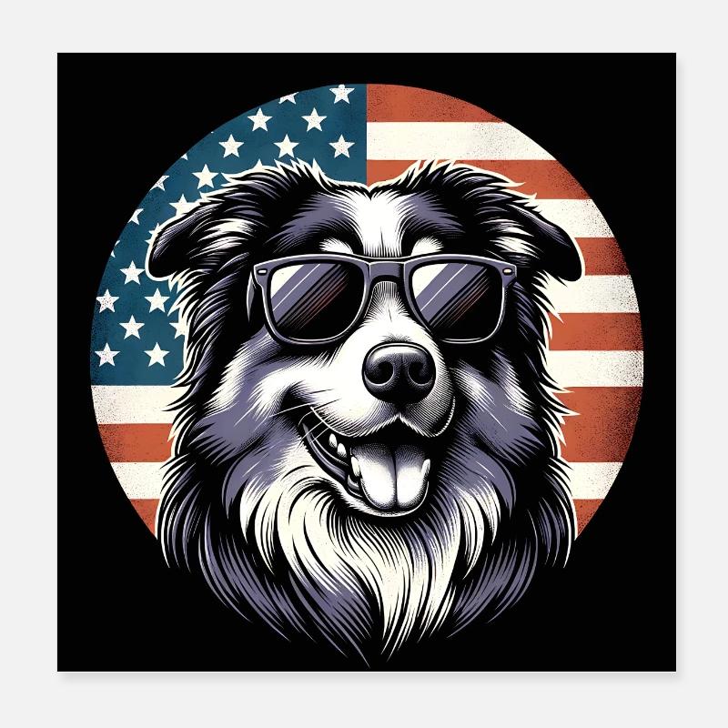 Berger australien avec drapeau américain Poster 20 x 20 cm