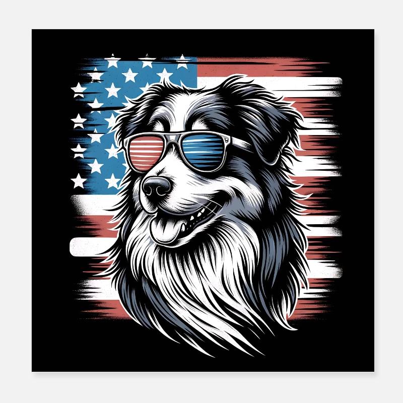 Berger australien avec drapeau américain Poster 20 x 20 cm