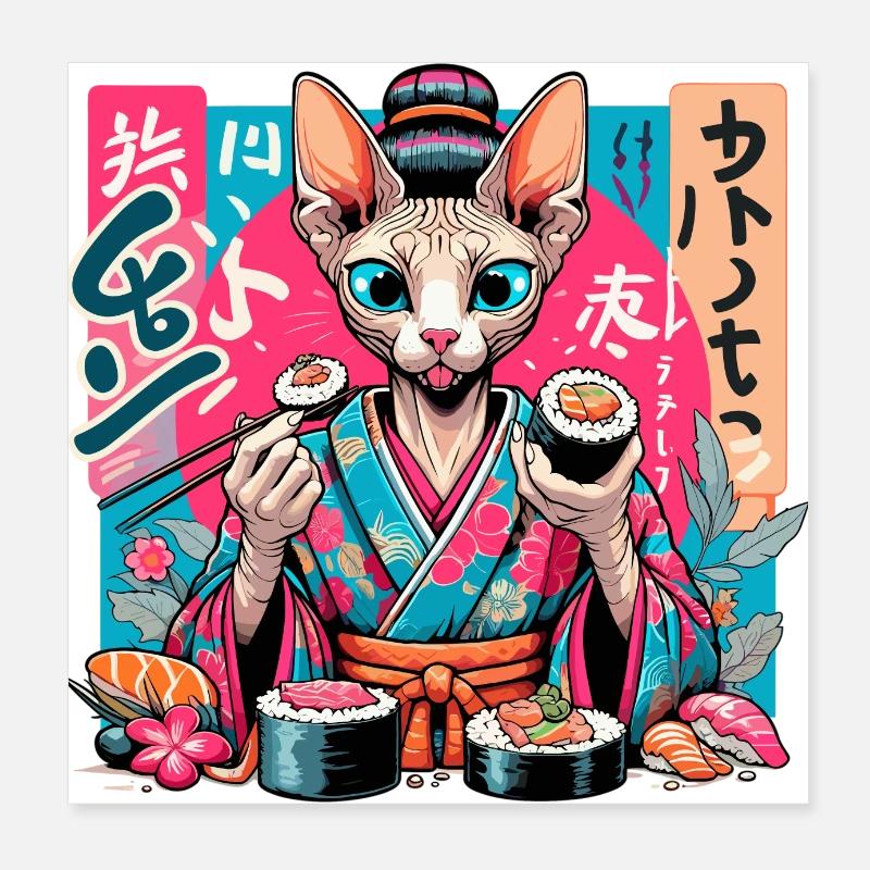 Sushi Sphynx Cat Maki Kimono Gift Poster 8" x 8" (20x20 cm)
