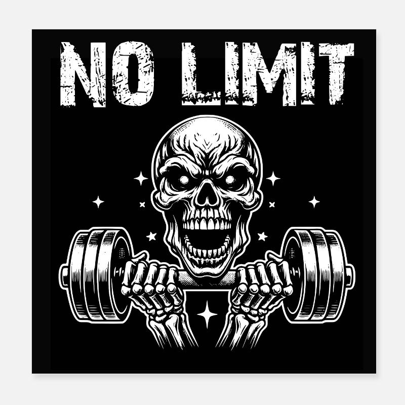 No Limit Hard Workout Skull with Dumbbell Poster 8" x 8" (20x20 cm)