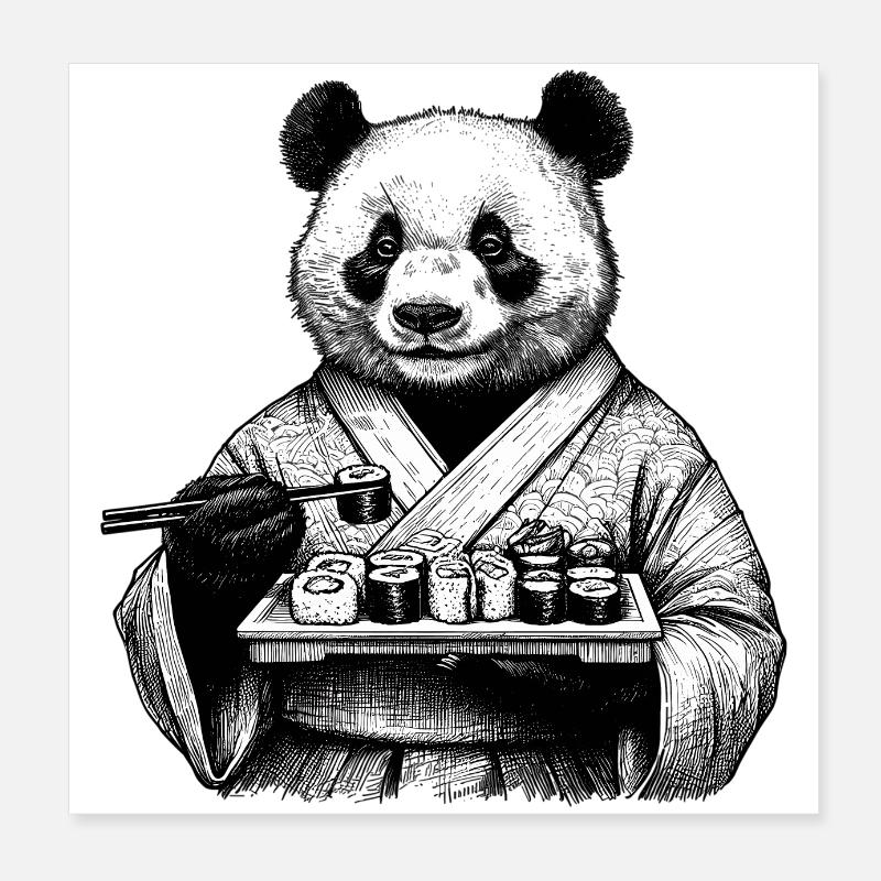 Sushi Panda Maki Kimono Drawing Gift Poster 8" x 8" (20x20 cm)