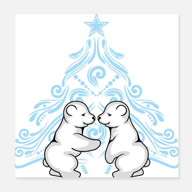 Zwei Eisbärenbabys umarmen sich in der Nähe eines Weihnachtsbaums Poster 20x20 cm