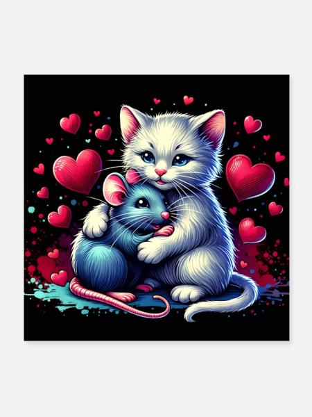 Katt og mus i vennskap fred og kjærlighet - Poster 20x20 cm - hvit