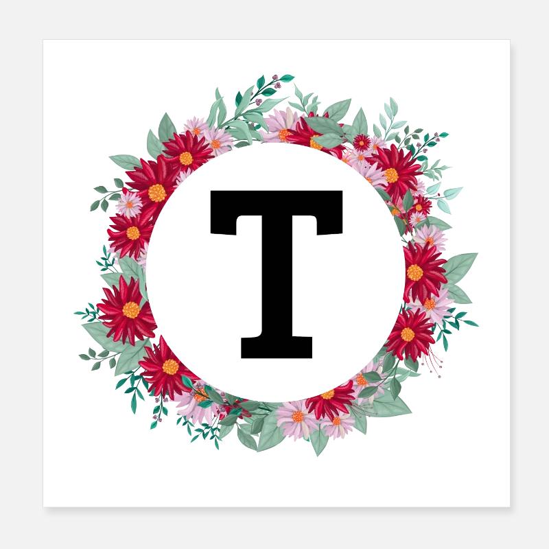 Lettre t couronne florale Poster 20 x 20 cm