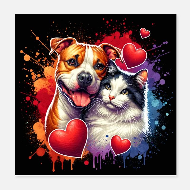 Staffordshire Terrier and Cat Love Friendship Poster 8" x 8" (20x20 cm)