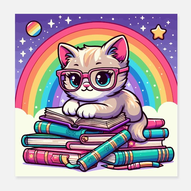 Süße Katze liest Bücher unter dem Regenbogen Poster 20x20 cm