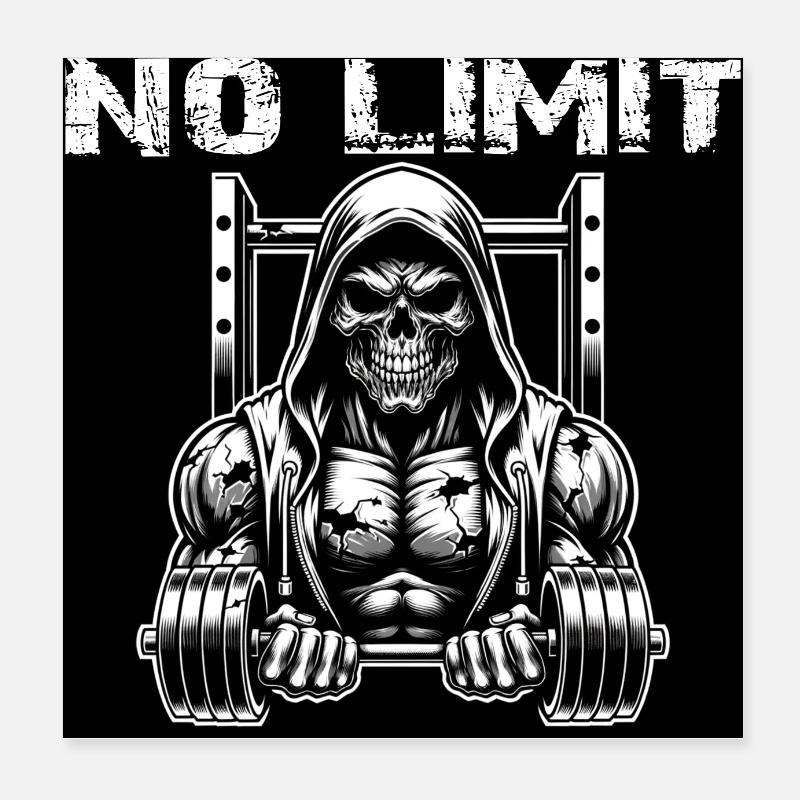 No Limit Hard Workout Skull with Dumbbell Poster 8" x 8" (20x20 cm)