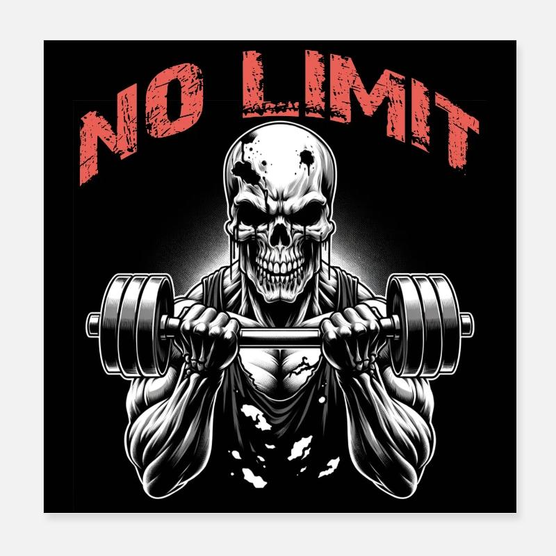 No Limit Hard Workout Skull with Dumbbell Poster 8" x 8" (20x20 cm)