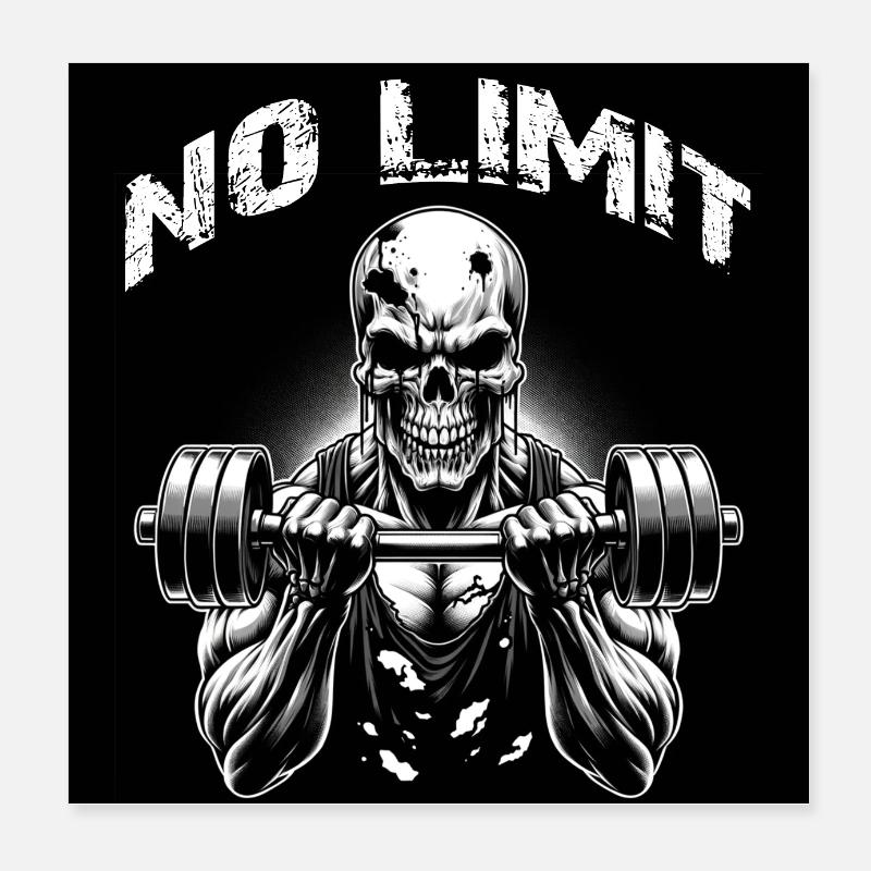 No Limit Hard Workout Skull with Dumbbell Poster 8" x 8" (20x20 cm)