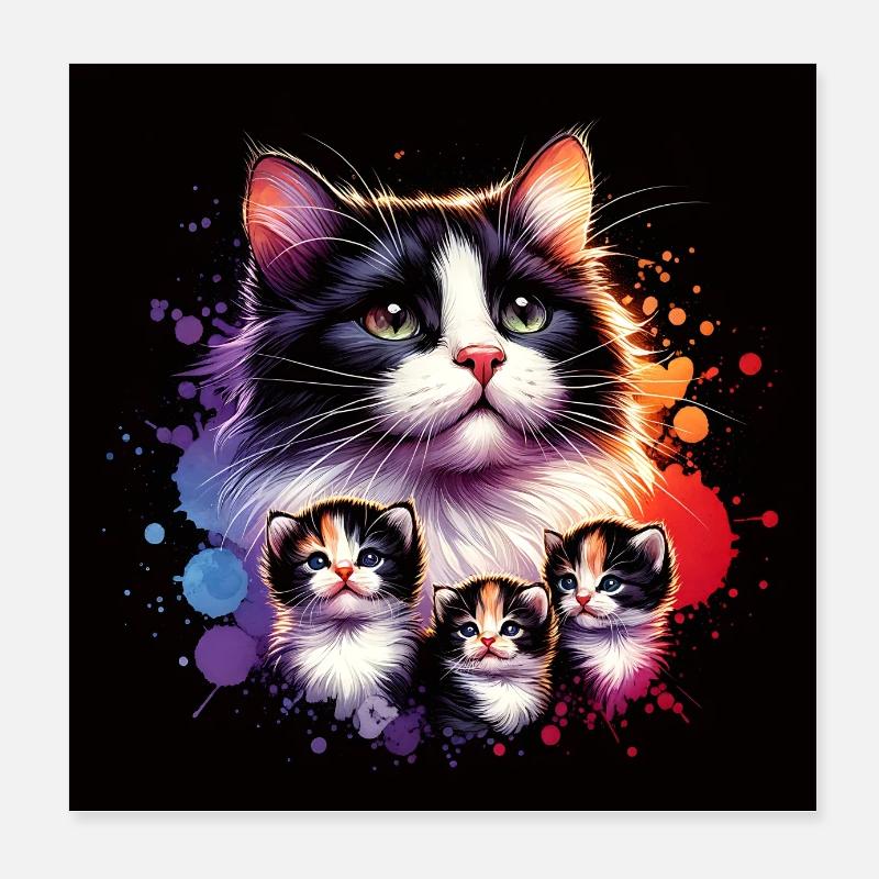 Maman chat avec chatons Poster 20 x 20 cm