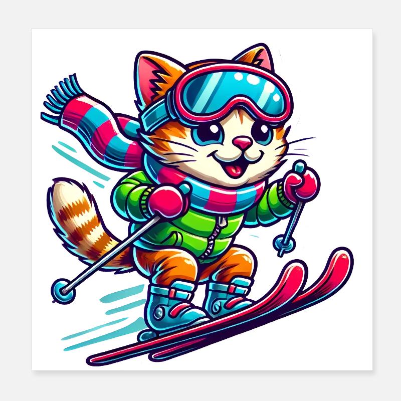 Cat Skiing Skis Poster 8" x 8" (20x20 cm)