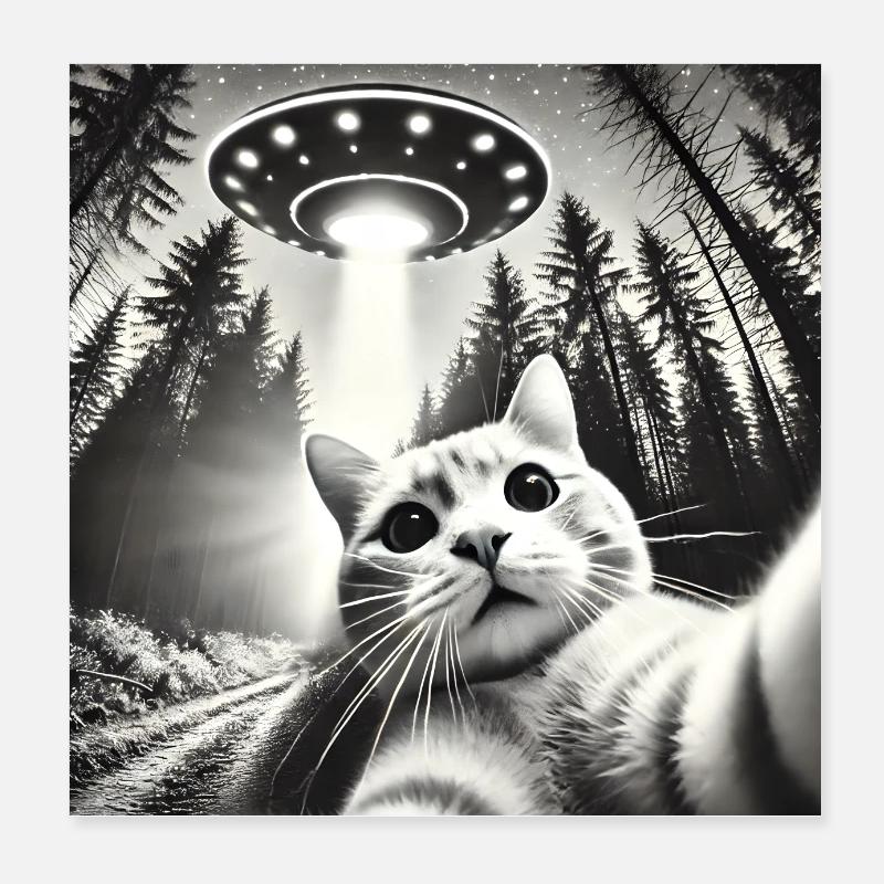 Funny Cat UFOs Alien Poster 8" x 8" (20x20 cm)