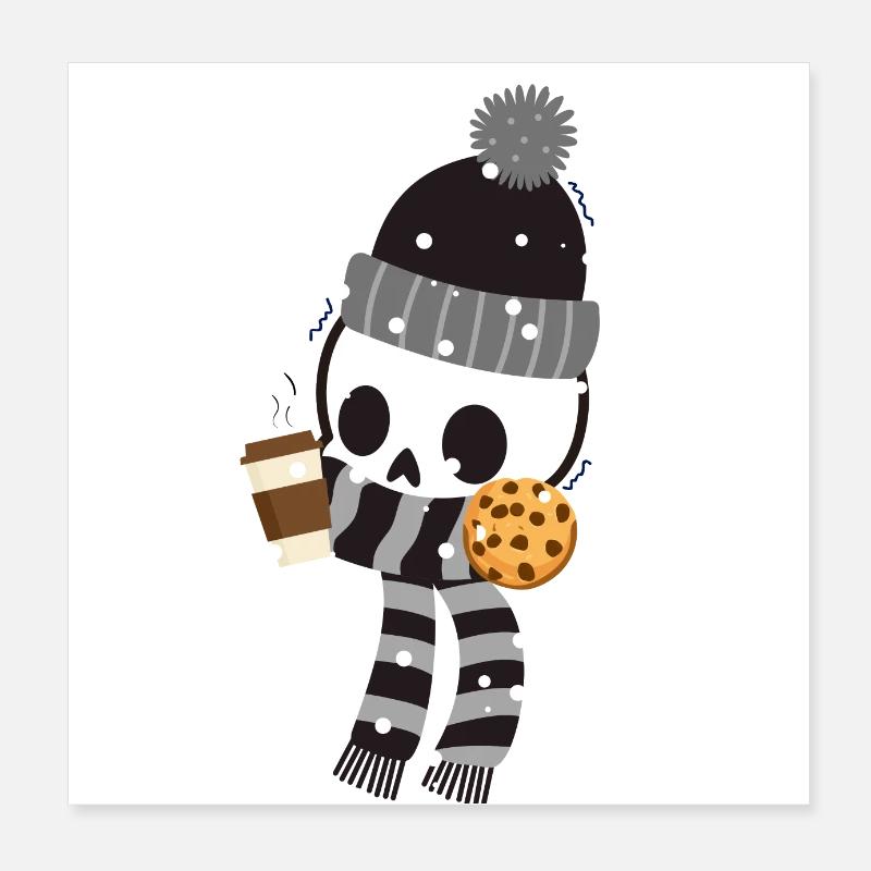 Squelette frissonnant avec du café et un biscuit dans la neige Poster 20 x 20 cm