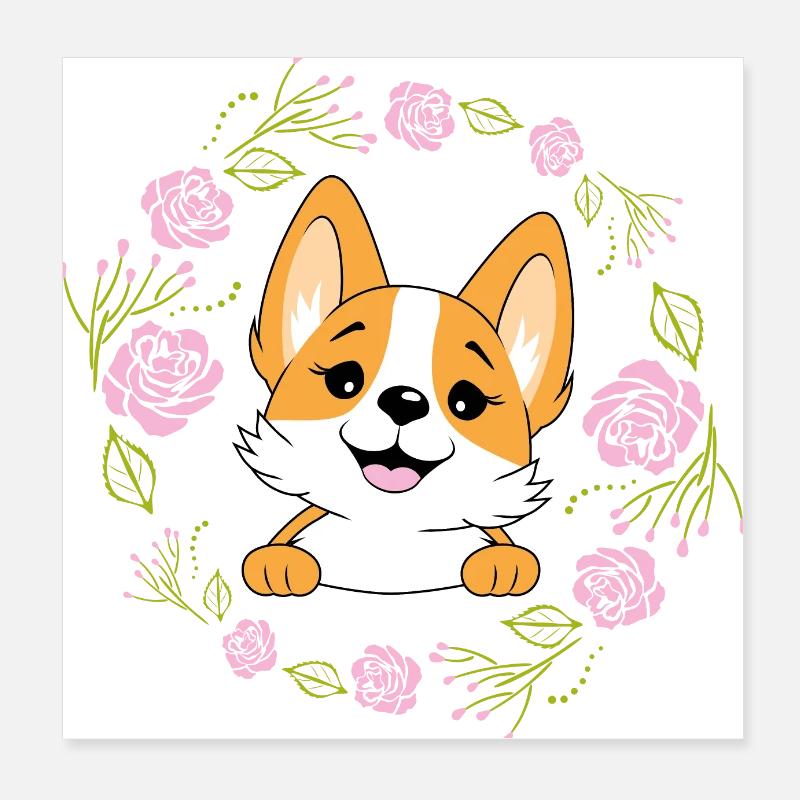 Jeter un coup d’œil heureux chien Corgi dans une couronne de fleurs Poster 20 x 20 cm