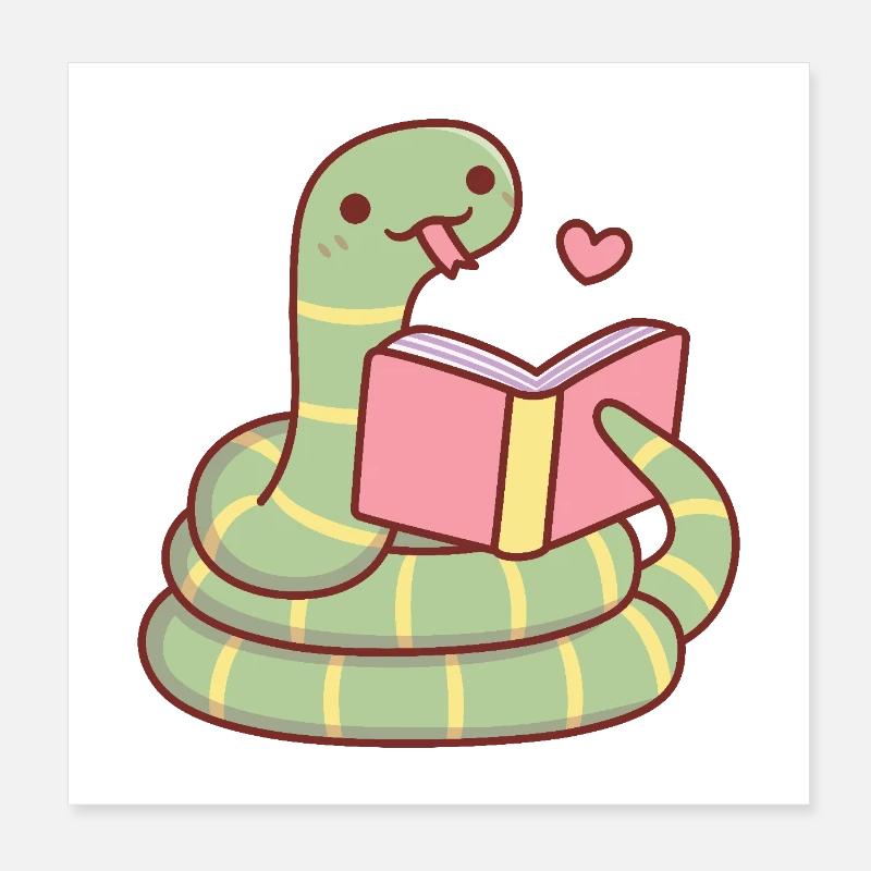 Cute Snake Curl Up With A Book Loves Reading Poster 8" x 8" (20x20 cm)