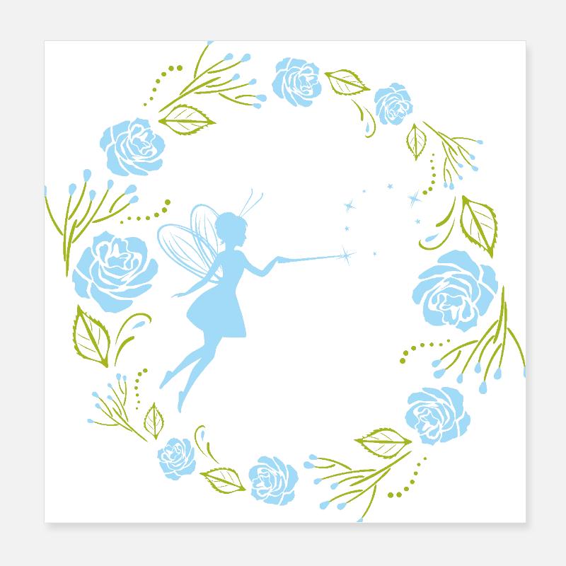 Couronne florale décorative avec des roses bleues et une fée Poster 20 x 20 cm